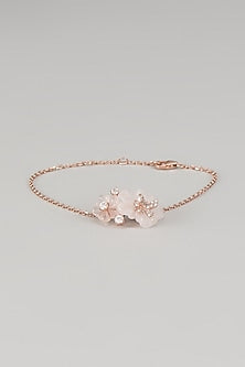 Rose Gold Finish Cubic Zirconia & Rose Quartz Floral Bracelet In Sterling Silver