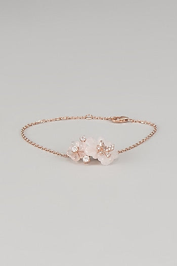 Rose Gold Finish Cubic Zirconia & Rose Quartz Floral Bracelet In Sterling Silver