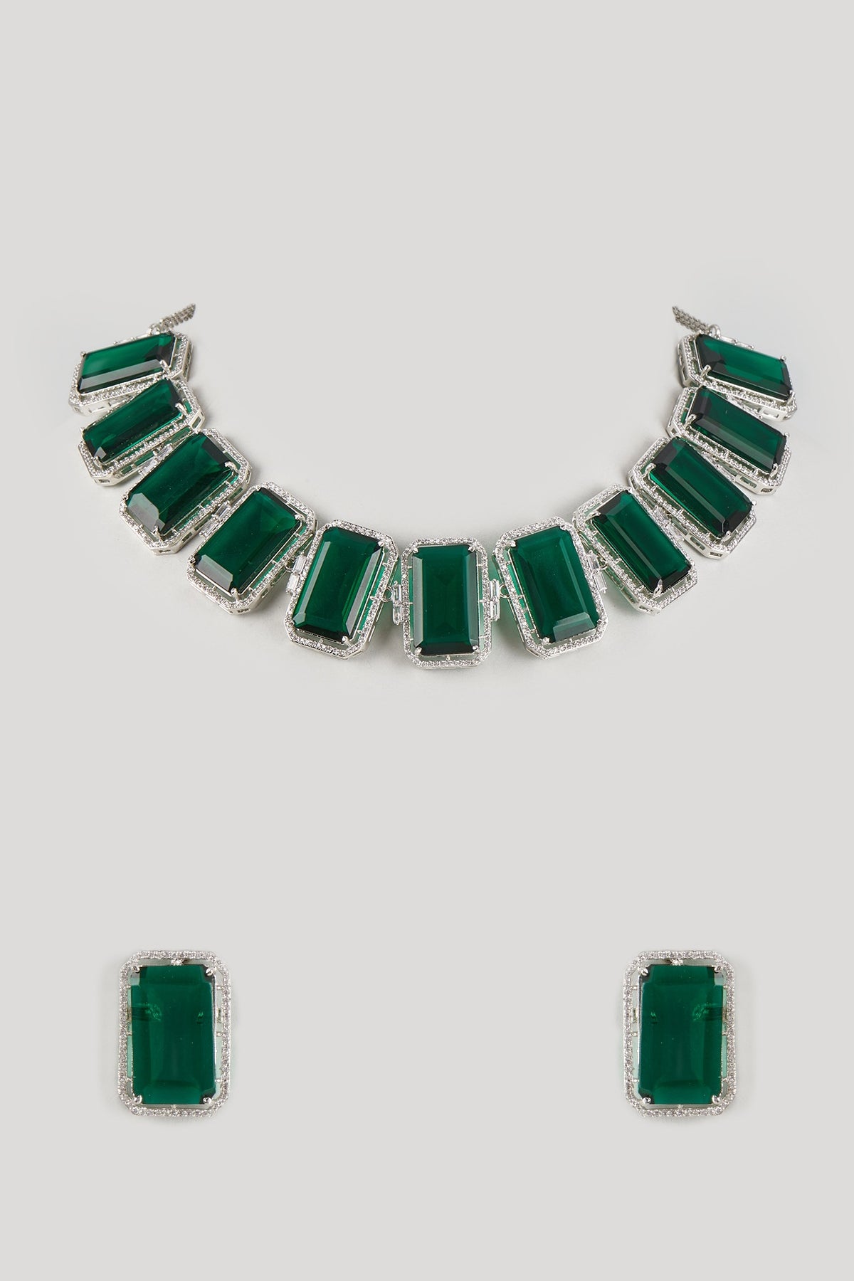 White Finish Emerald Stone Choker Necklace Set