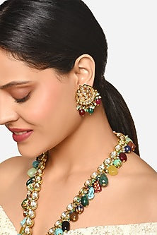 Gold Finish Kundan Polki & Multi-Colored Stone Long Pendant Necklace Set