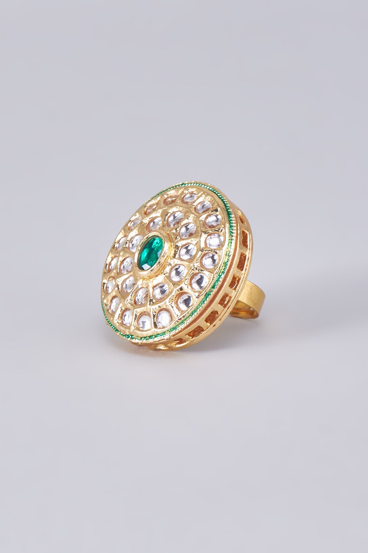 Gold Finish Kundan Polki Meenakari Ring