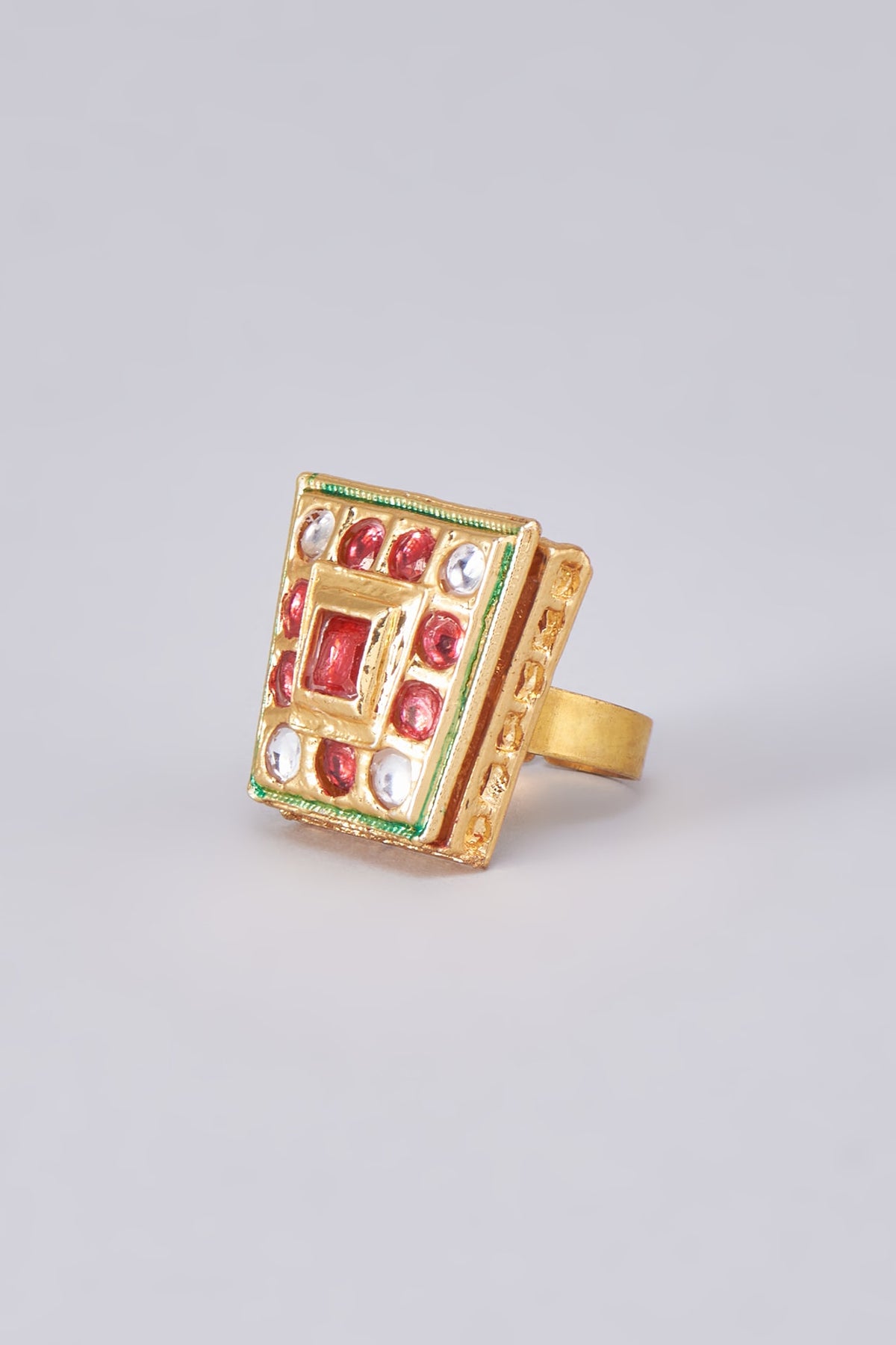 Gold Finish Kundan Polki Meenakari Ring