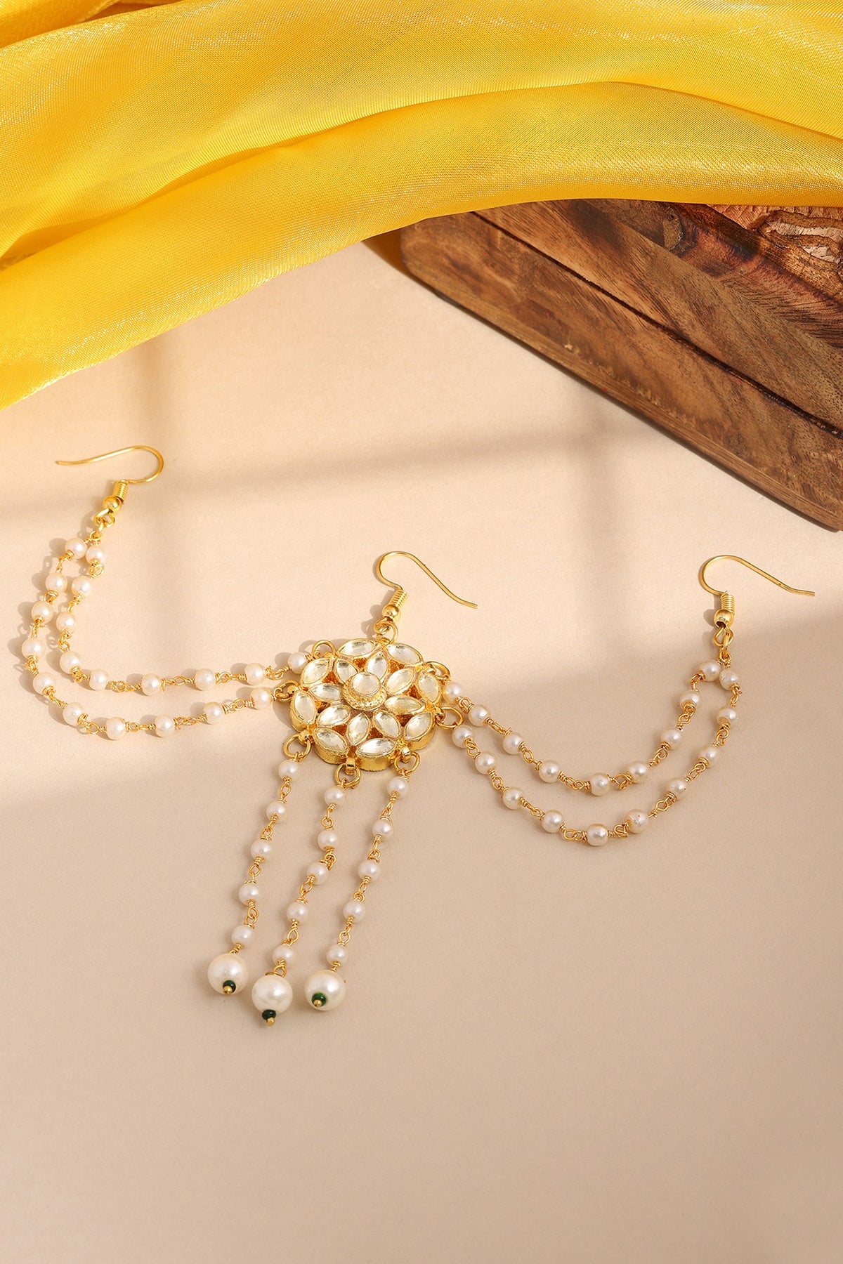 Gold Finish Kundan Polki & Pearl Hair Accessory For Girls