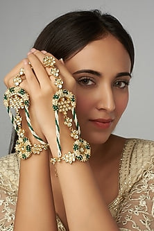 Gold Finish Pearl Piroi & Kundan Polki Hathphool (Set Of 2)