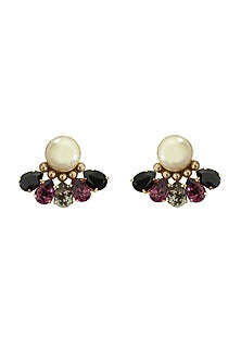 Gold Plated Crystals & Swarovski Pearl Earrings In Brass