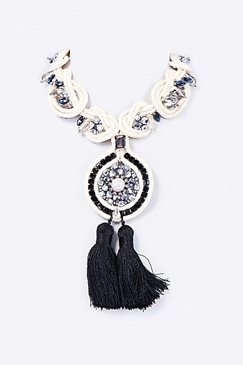 Rhodium Finish Crystal Tassel Necklace