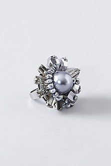 White Rhodium Finish Grey Pearl & Crystal Ring