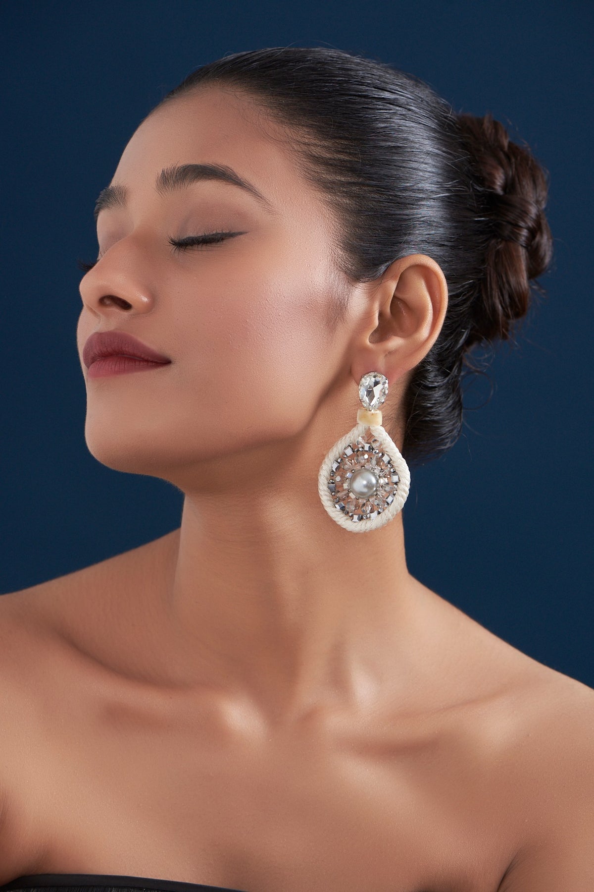 White Rhodium Finish Crystal & Pearl Stud Earrings
