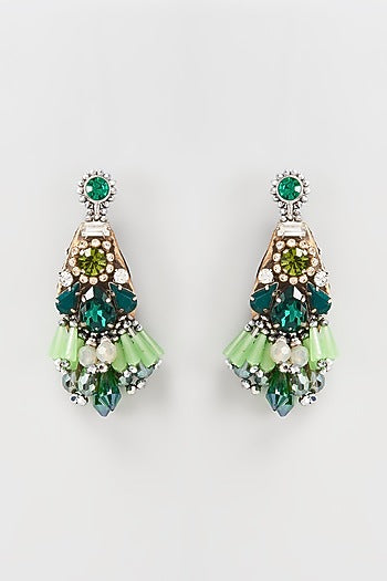 White Rhodium Finish Green Crystal Earrings