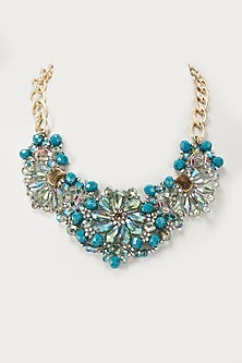 Gold Finish Turquoise Crystal Floral Necklace