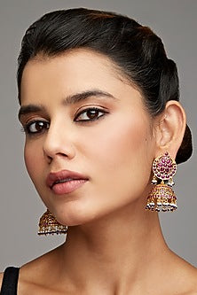 Gold Finish Pink Stone Jhumka Earrings In Sterling Silver