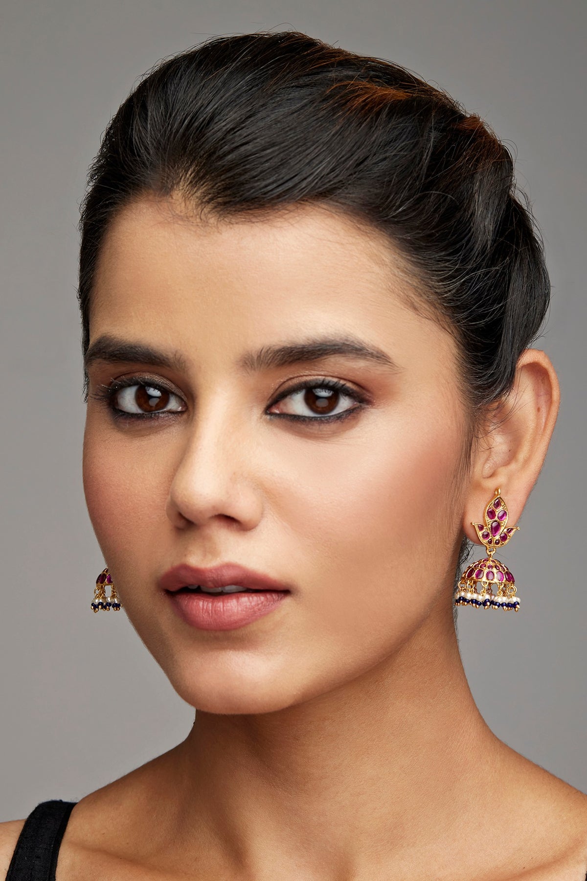 Gold Finish Paisley Jhumka Earrings In Sterling Silver
