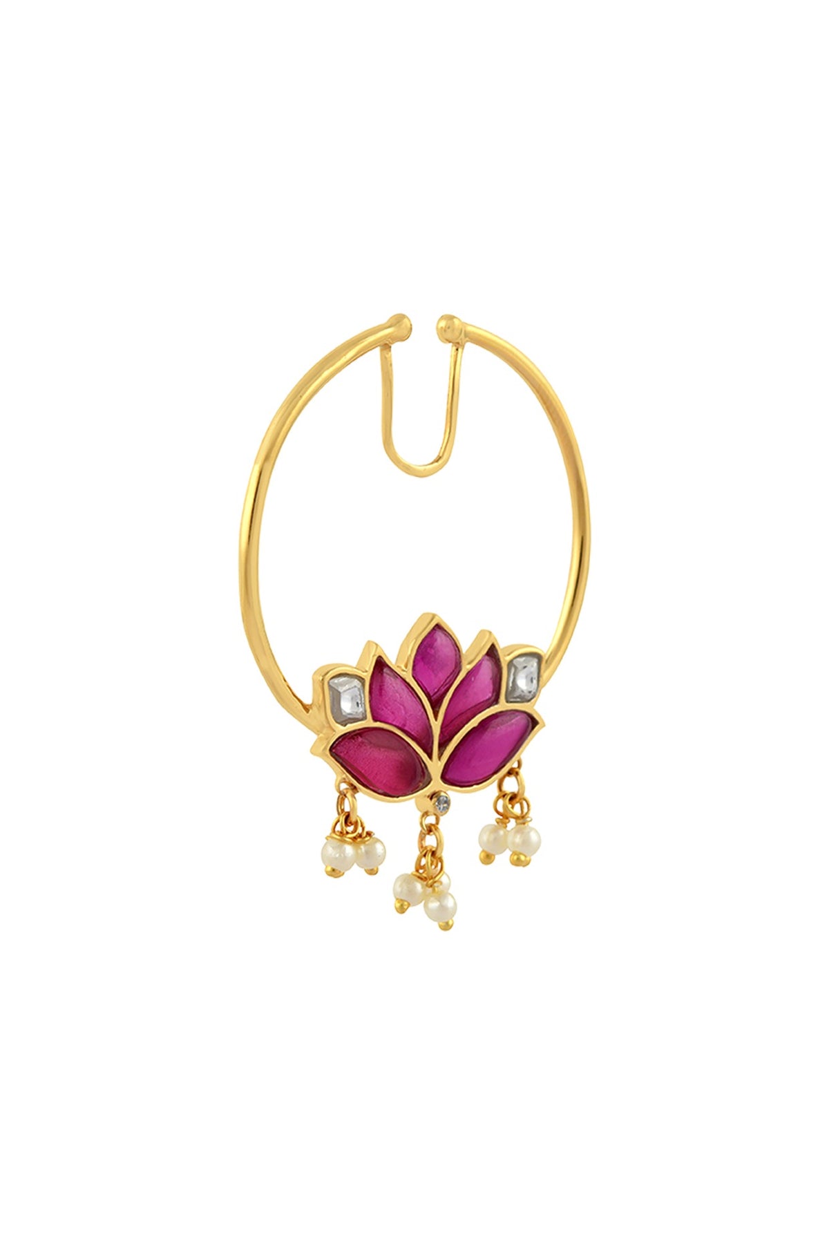 Gold Finish Mogra Kundan Polki Nose Ring In Sterling Silver