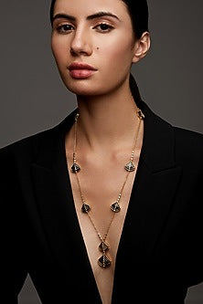 Gold Finish Green Velvet Enameled Long Necklace In Sterling Silver