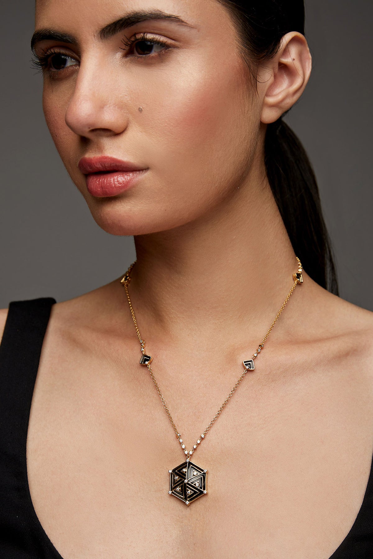 Gold Finish Enameled Pendant Necklace In Sterling Silver With Zircon