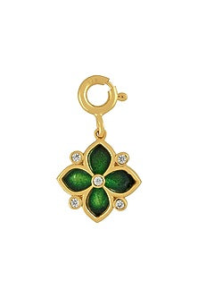 Gold Finish Enameled & Zircon Floral Charm In Sterling Silver