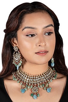 Gold Plated Blue & Sea Green Beads Necklace Set