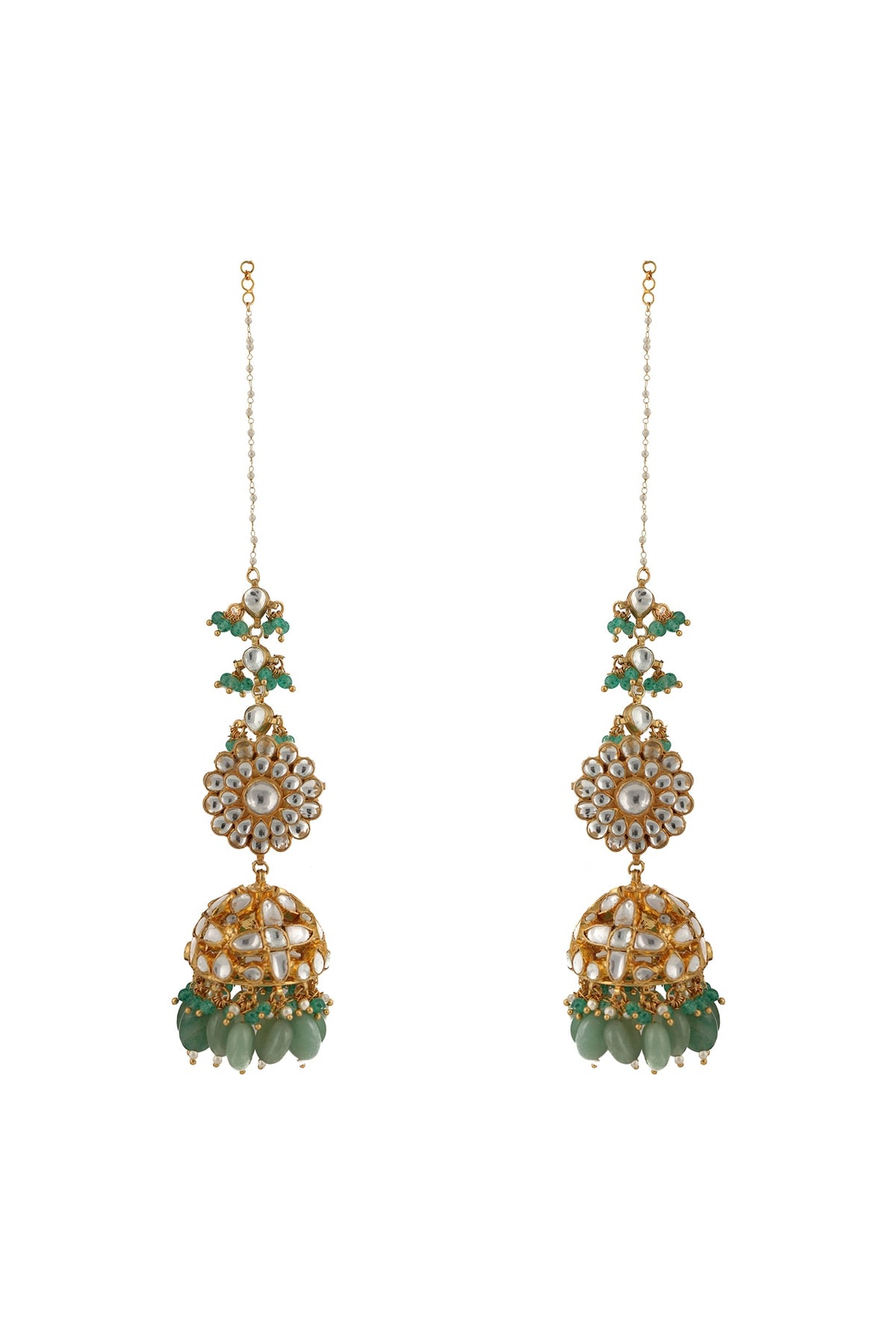 Gold Plated Sea Green Bead Jhumka Earrings