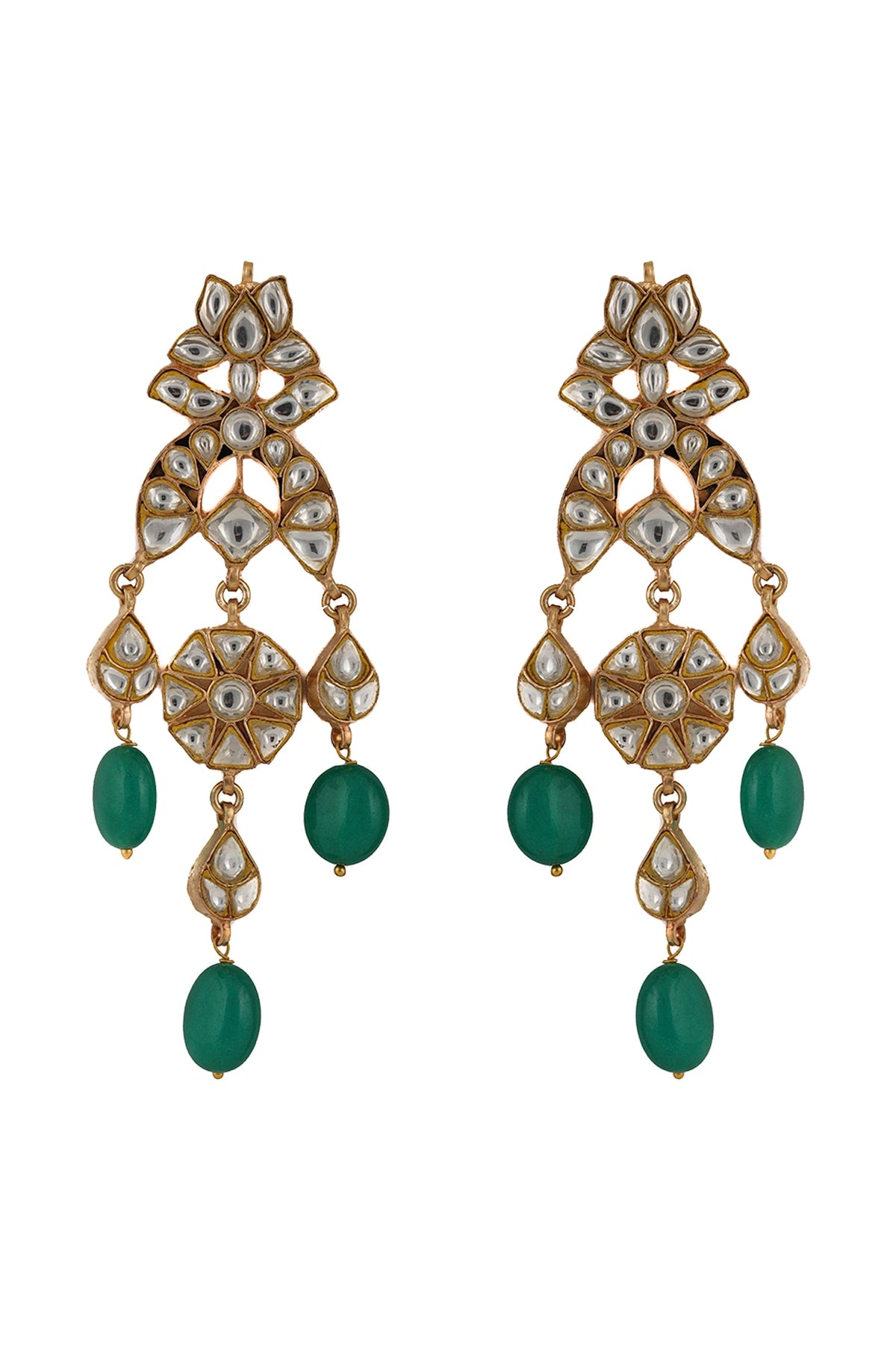 Gold Plated Jadtar Green Bead Earrings