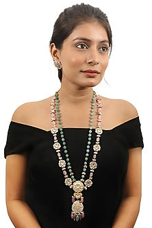 Gold Plated Light Pink Beaded & Pearl Long Necklace Set