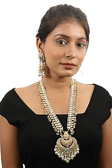 Gold Plated White Pearl Long Pendant Necklace Set