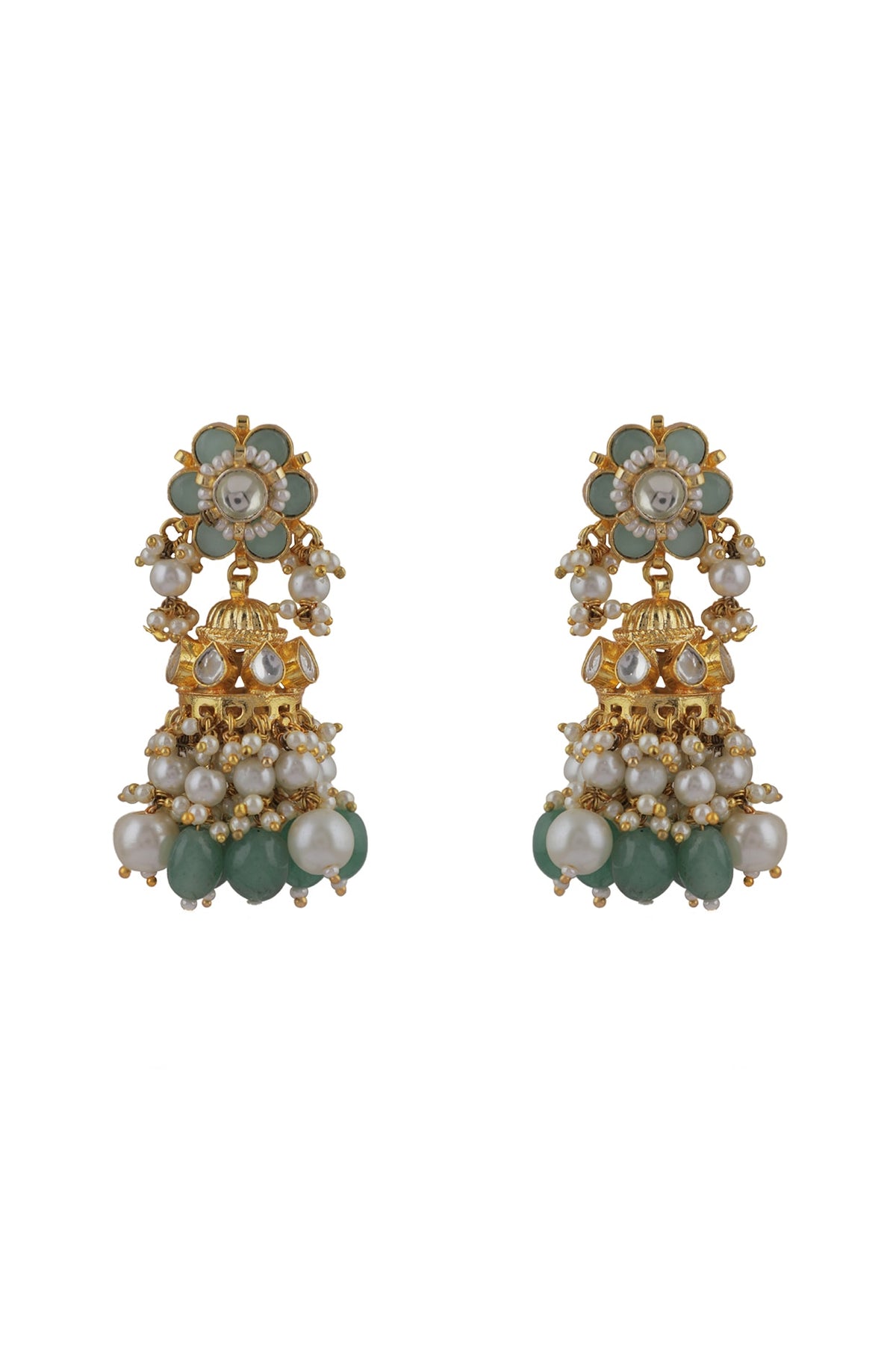 Gold Plated White Pearl Floral Jhumka Earrings
