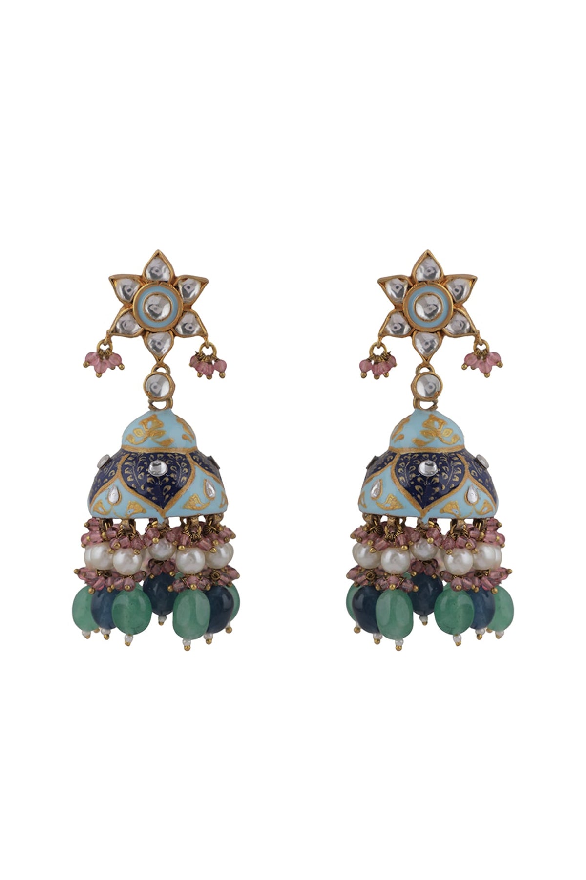 Gold Plated Jadtar & Pearl Meenakari Jhumka Earrings