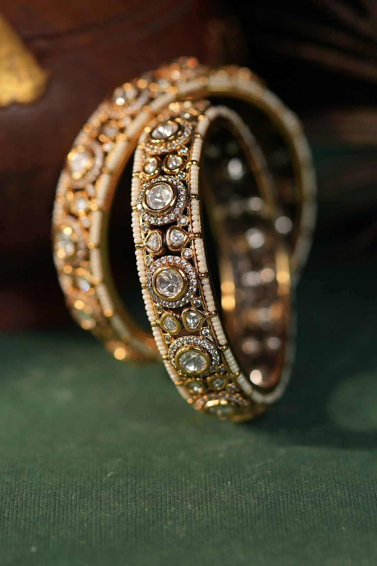 Matte Gold Plated White Jadtar Stone Adjustable Bangle