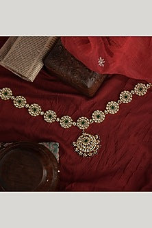 Matte Gold Plated Green Jadtar Stone Mathapatti