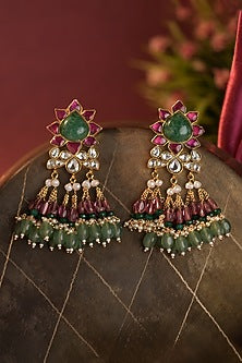 Matte Gold Plated Multi-Colored Jadtar Stone & Glass Beaded Long Earrings