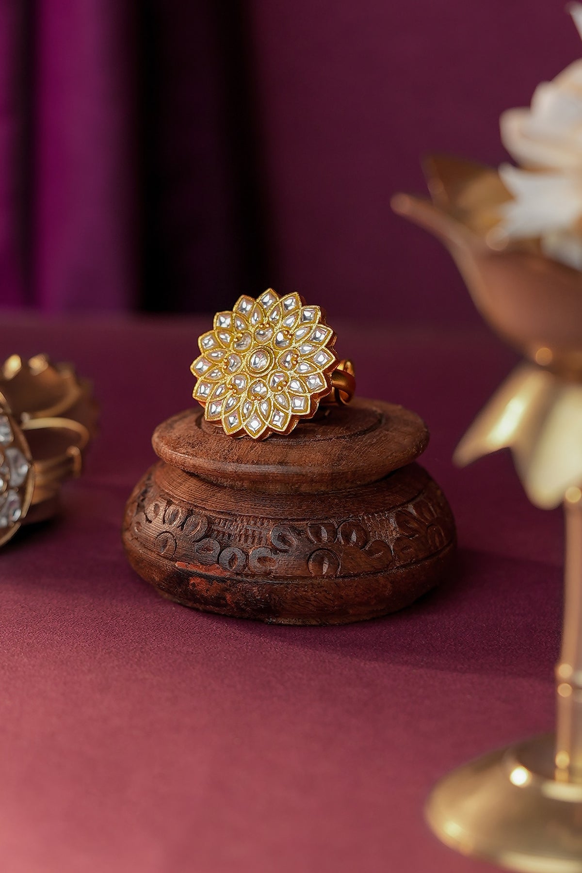 Matte Gold Plated White Stone Floral Ring