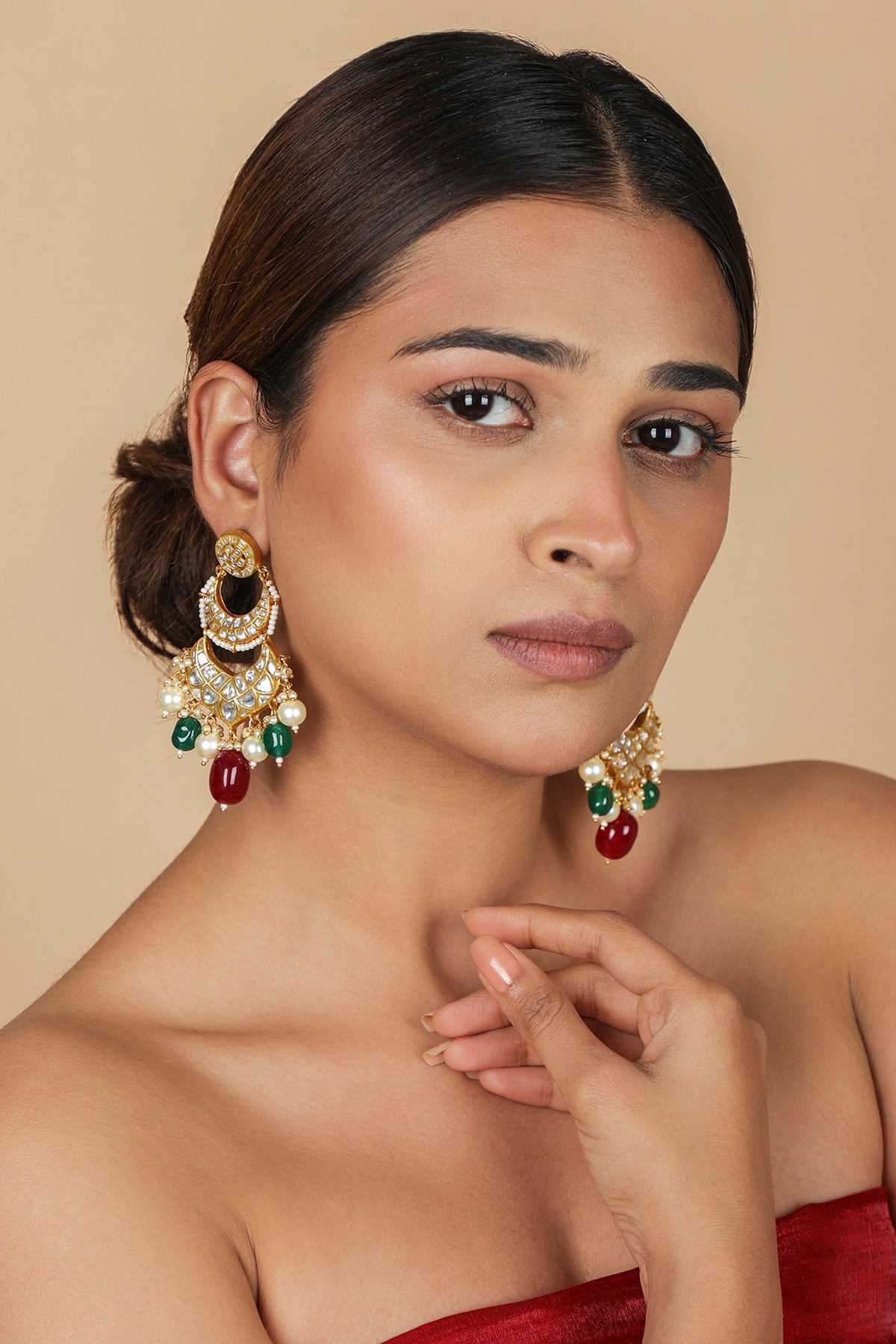 Gold Plated Pearl & Emerald Green Beaded Necklace Set