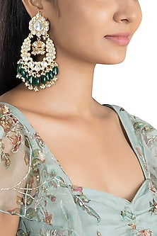 Gold Plated Green Bead Drop & Small Jhumki Earrings