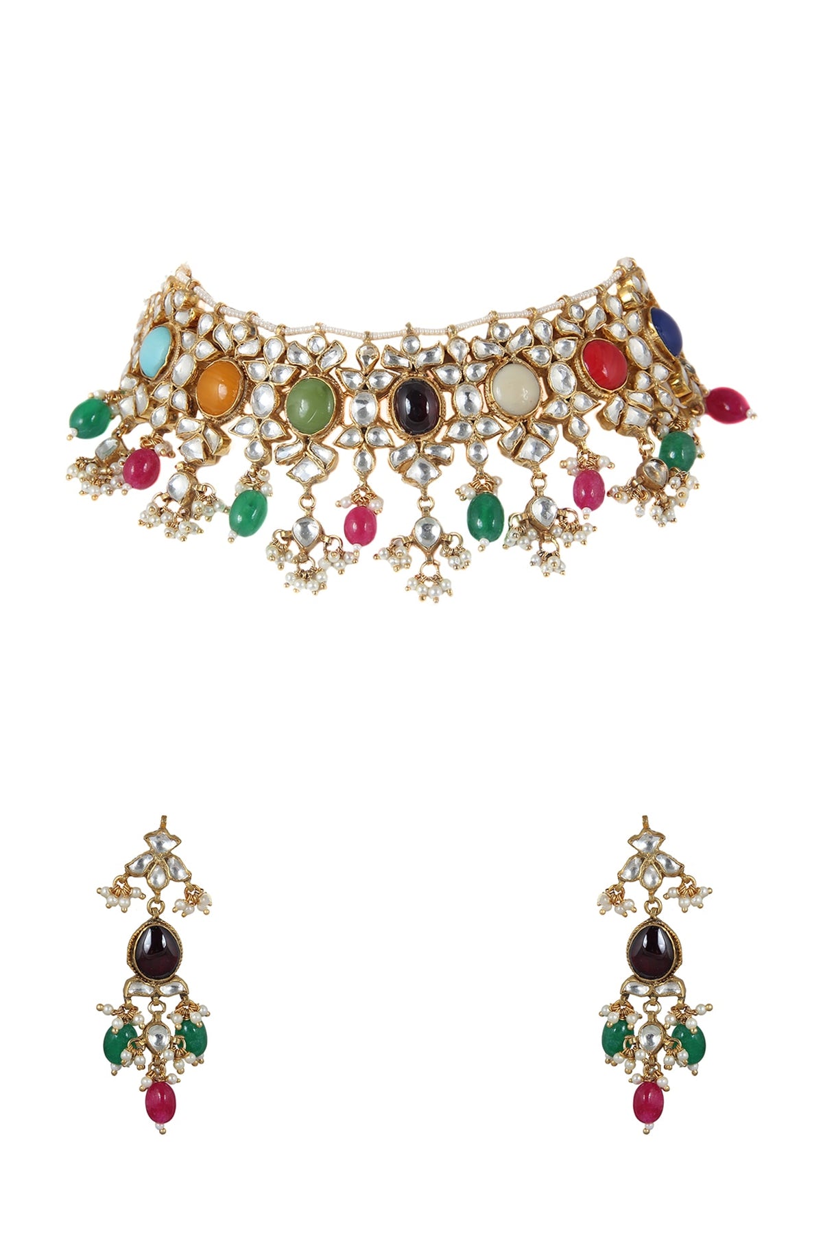 Gold Plated Multi Colored Choker Necklace Set