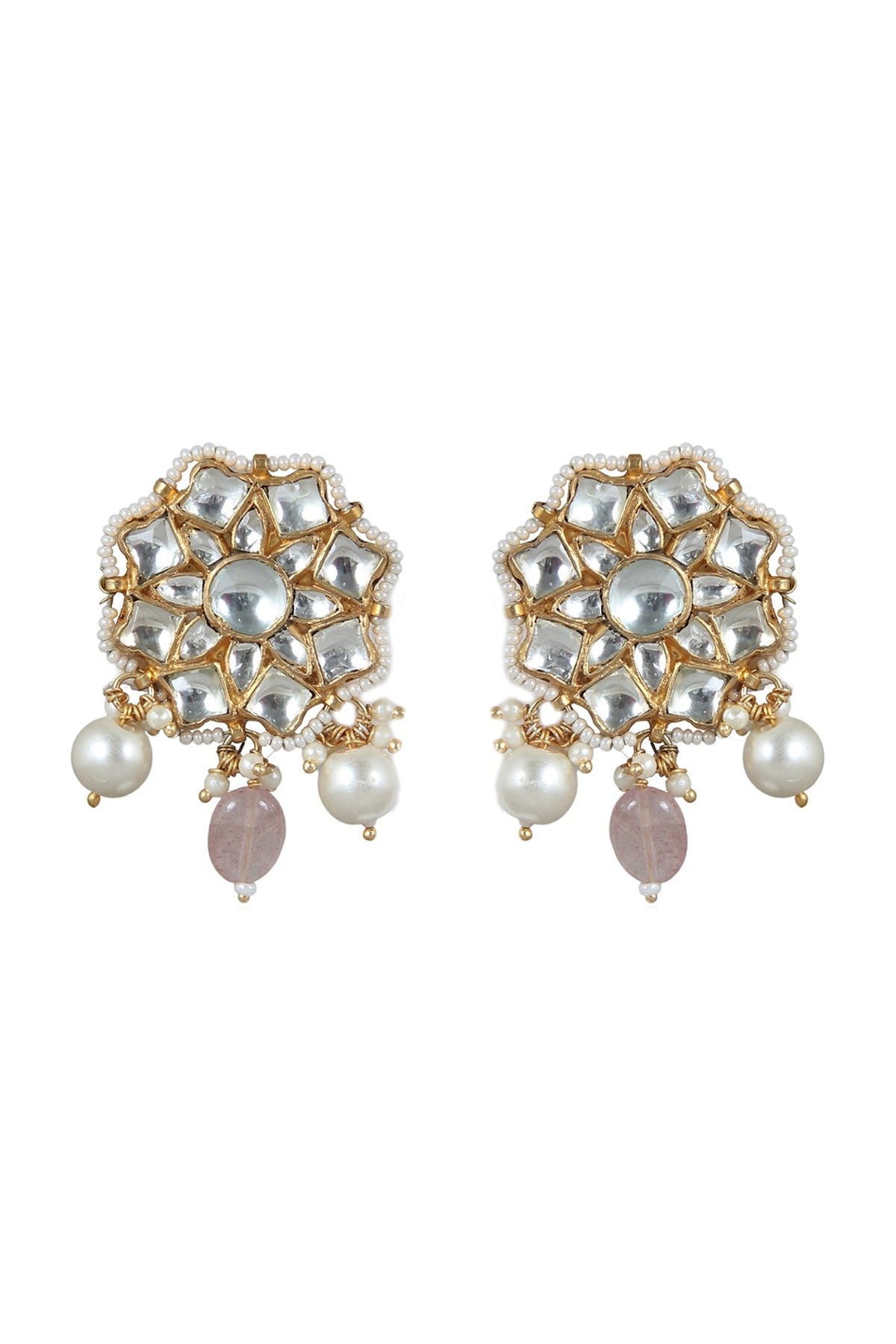 Gold Plated Pink & White Beaded Earrings