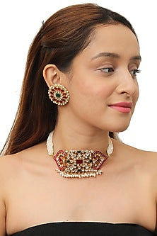 Gold Plated Pink & Green Choker Necklace Set