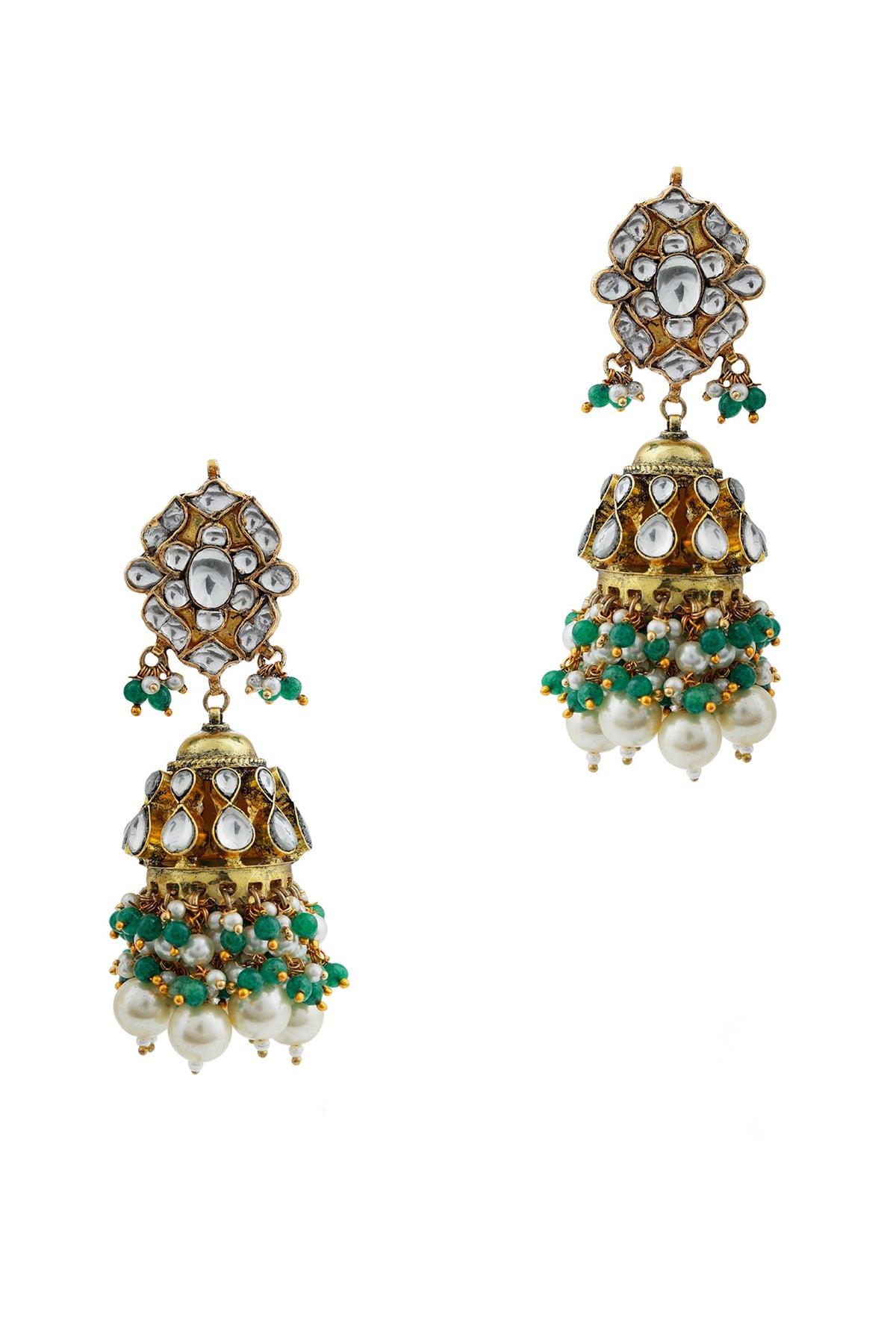 Gold Finish Jadau & Pearl Jhumka Earrings