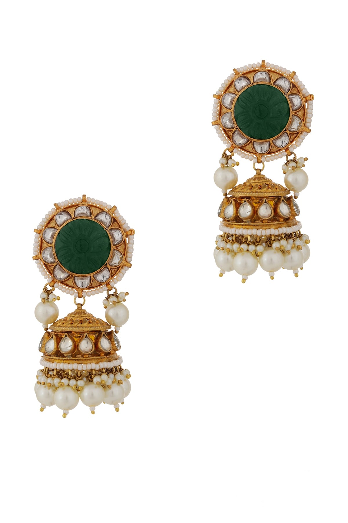 Gold Finish Jadau & Pearl Jhumka Earrings