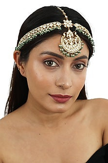 Gold Plated Matha Patti With Sea Green Hangings