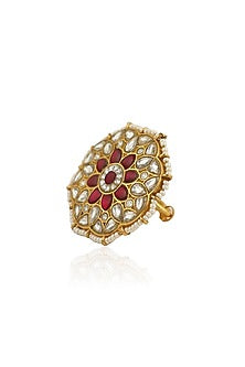 Gold Plated Pink & White Jadtar Stones Ring
