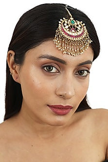 Gold Plated Pink & Green Jadtar Stone Maangtikka