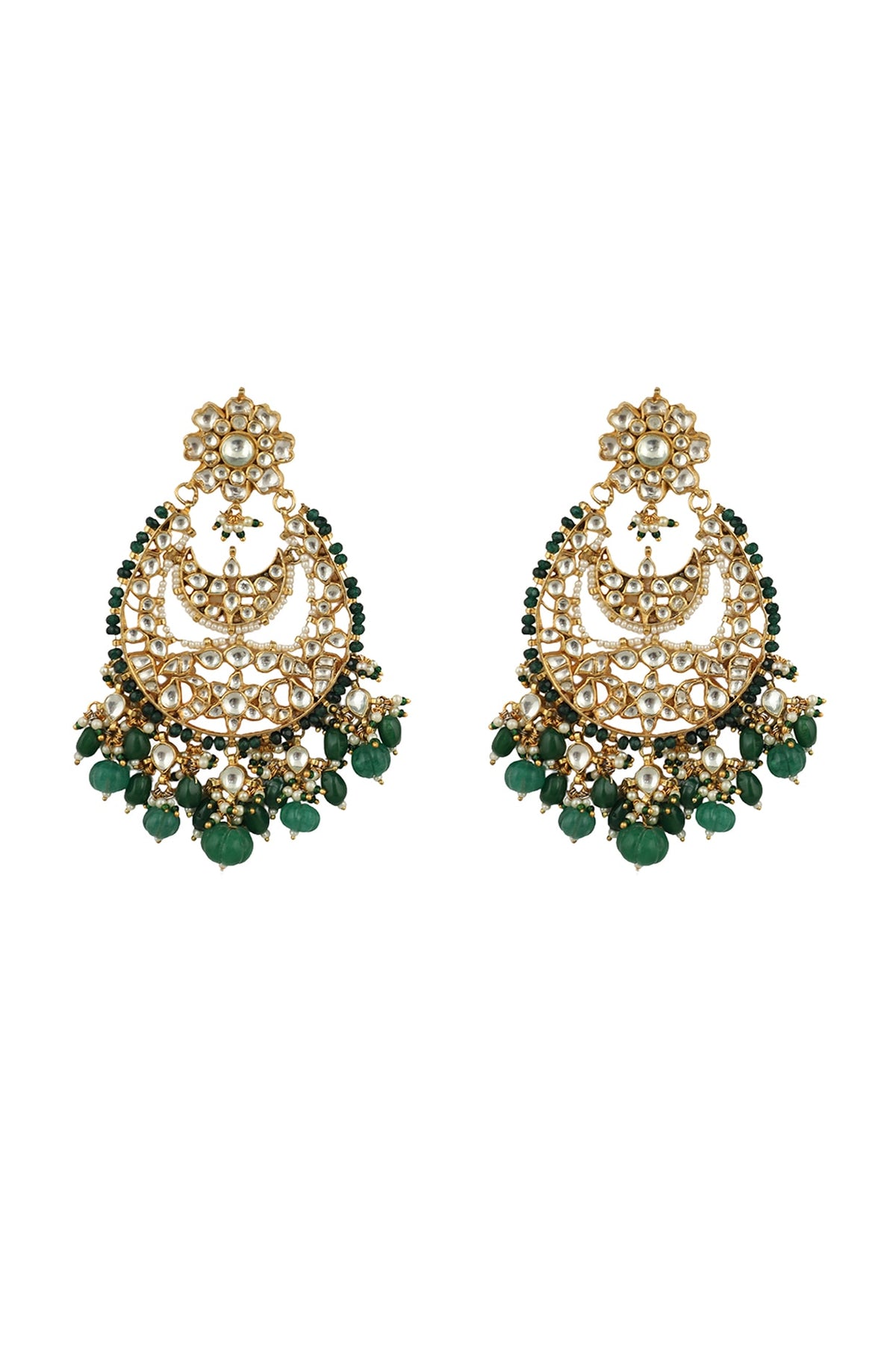 Gold Plated Green Beaded Chandbaali Earrings