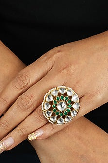 Gold Plated White & Green Jadtar Stones Ring