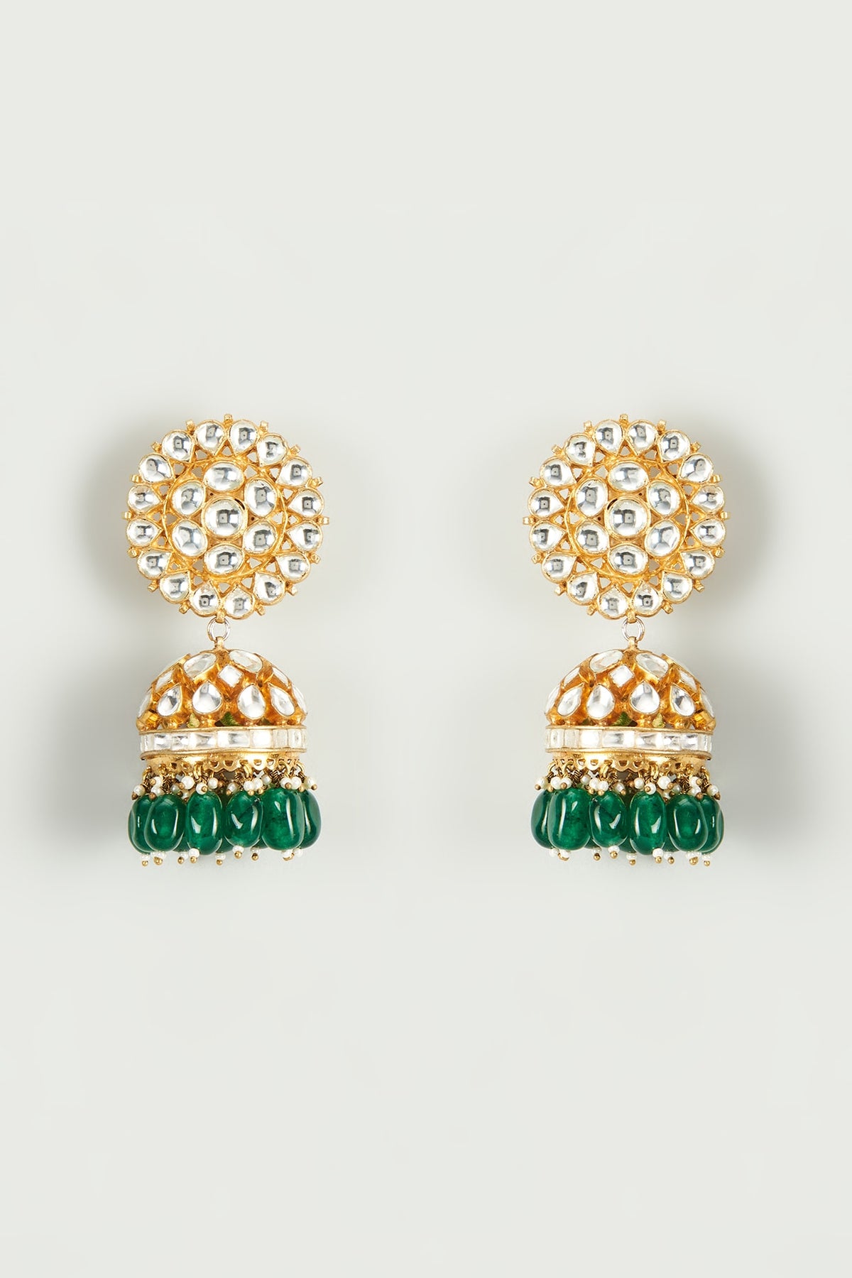 Gold Plated Jadtar Stone & Green Beaded Jhumka Earrings