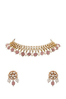 Matte Gold Plated Pastel Pink Bead & Jadtar Stone Choker Necklace Set