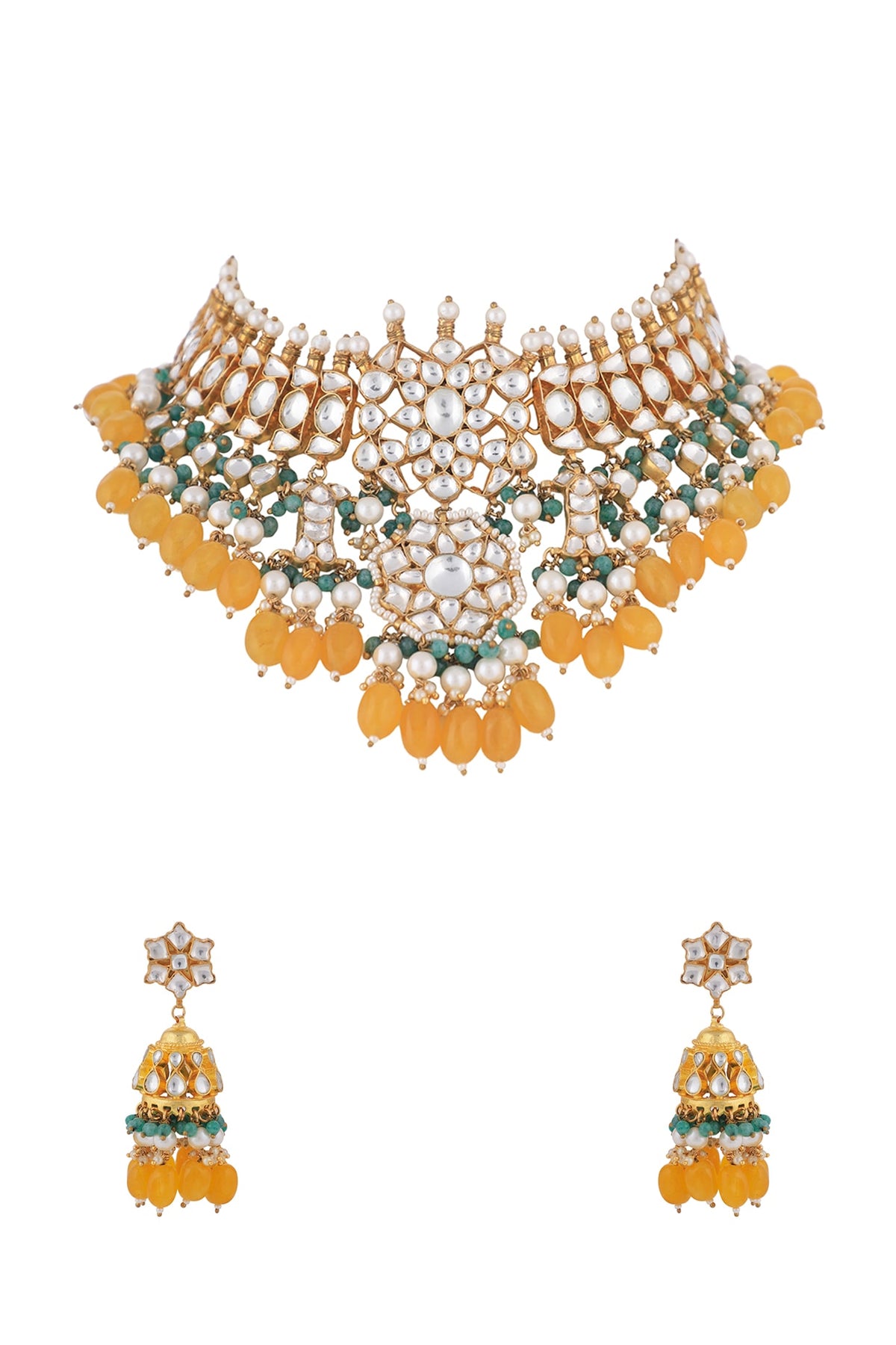 Matt Gold Plated Jadtar Stone & Pearl Necklace Set