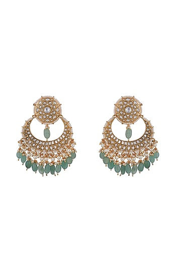 Matt Gold Plated Jadtar Stone & Sea Green Beaded Chandbali Earrings