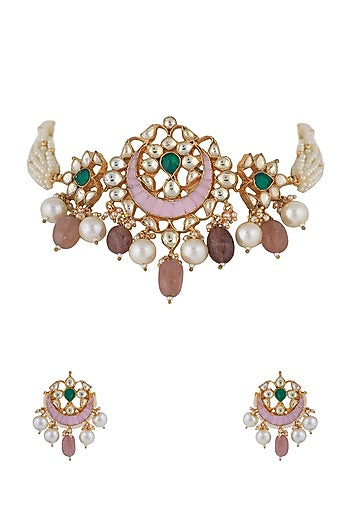 Matt Gold Plated Light Pink Jadtar Stone Choker Necklace Set