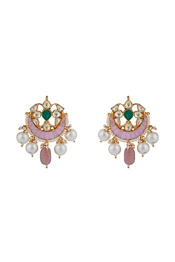 Matt Gold Plated Jadtar Stone & Pearl Stud Earrings