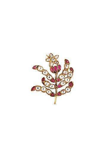 Matte Gold Plated Pink & White Jadtar Stone Leaf Brooch